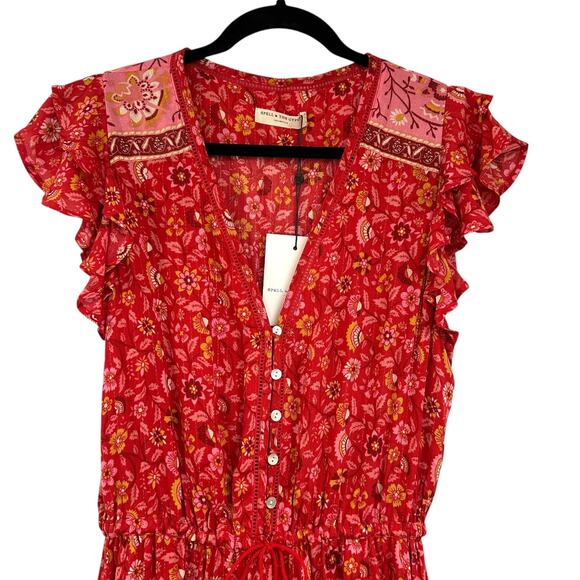 NWT Spell Dahlia Jumpsuit Wide Leg Red Floral Boho Festival Retro embroidered - Picture 8 of 16